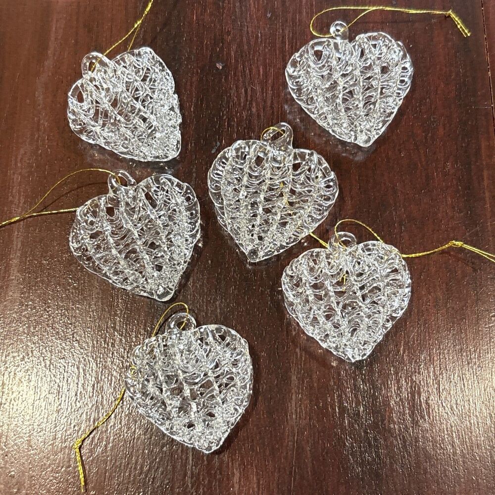 Set Of 6 Vintage Clear Hand Blown Spun Glass Heart Ornaments Made In Taiwan